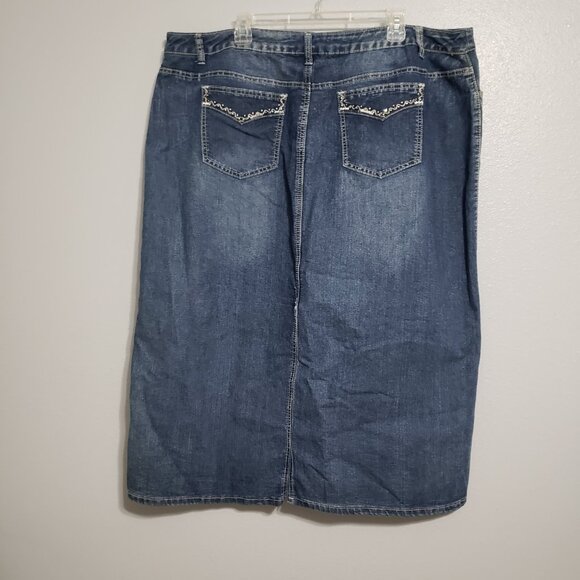 Denim Maxi Skirt 22W Plus Size Long Modest A-Line Straight Rhinestone Blue Jean - Picture 7 of 12